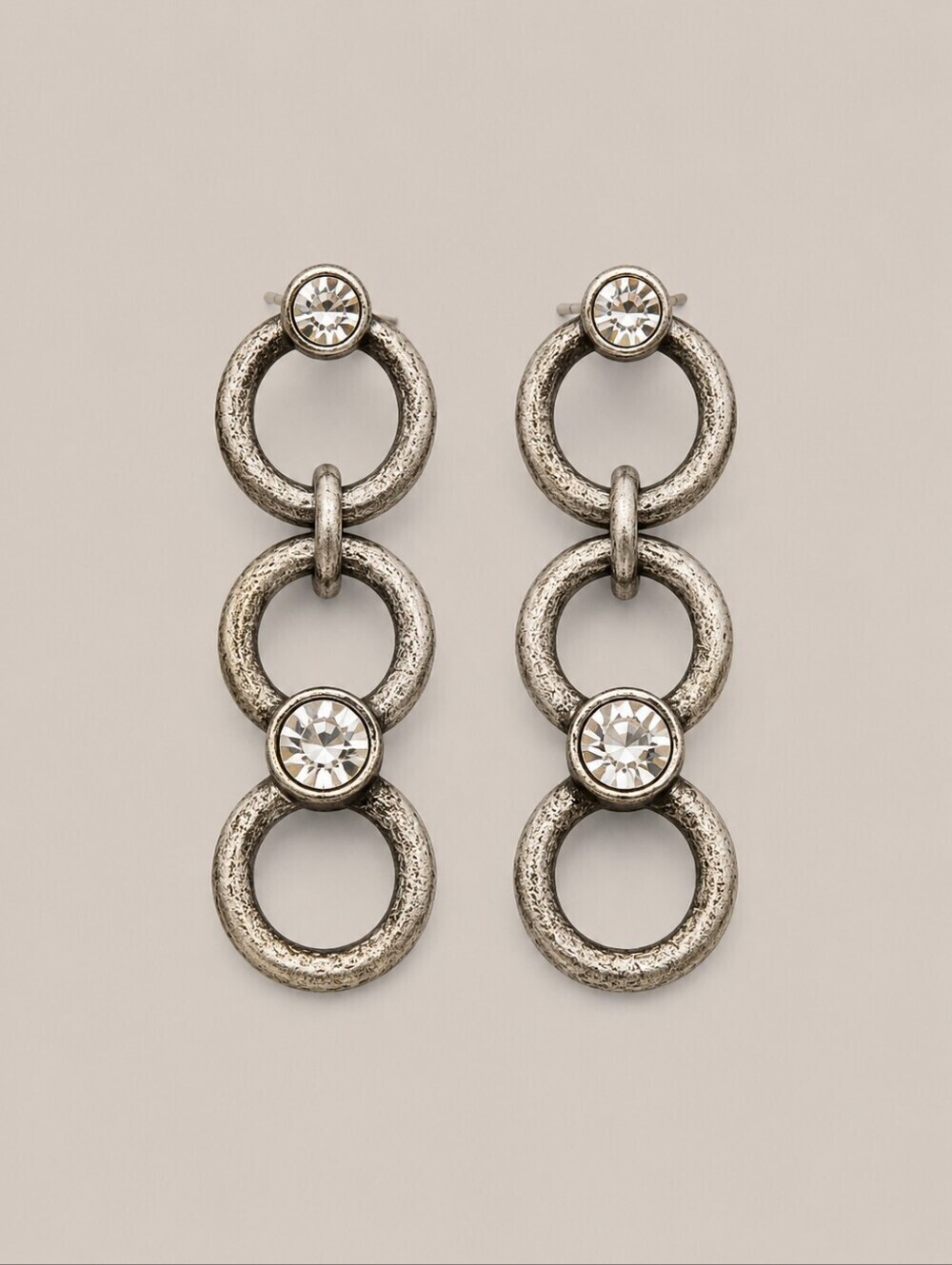 VTG Rustic Metal Rhinestone Linked Chain Festival Dangle Post Earrings
